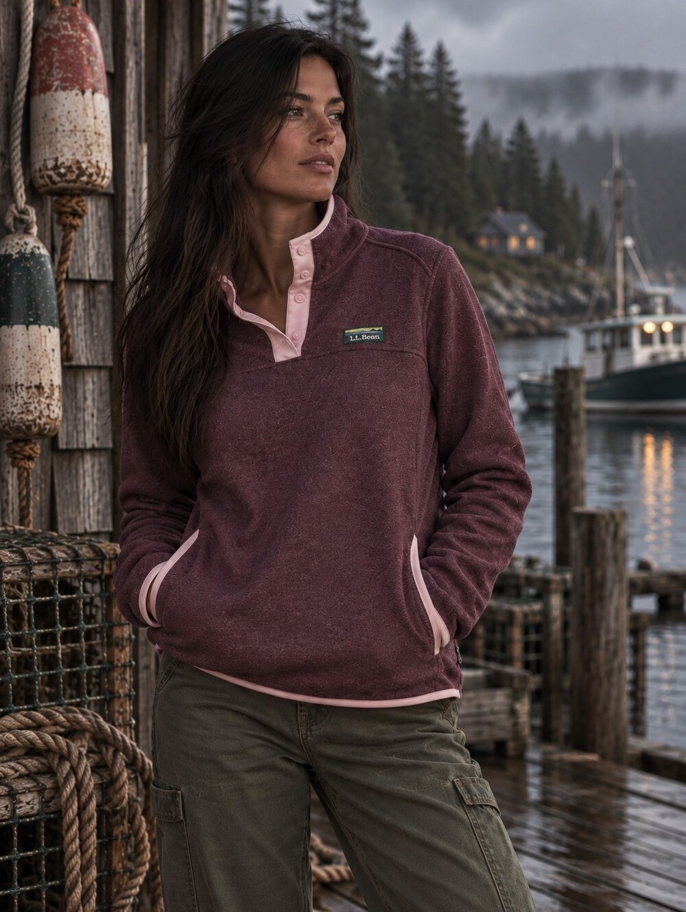 L.L.Bean Women’s L Snap Neck Fleece Pullover Plum Outdoor Fisherman Aesthetic - Picture 1 of 10
